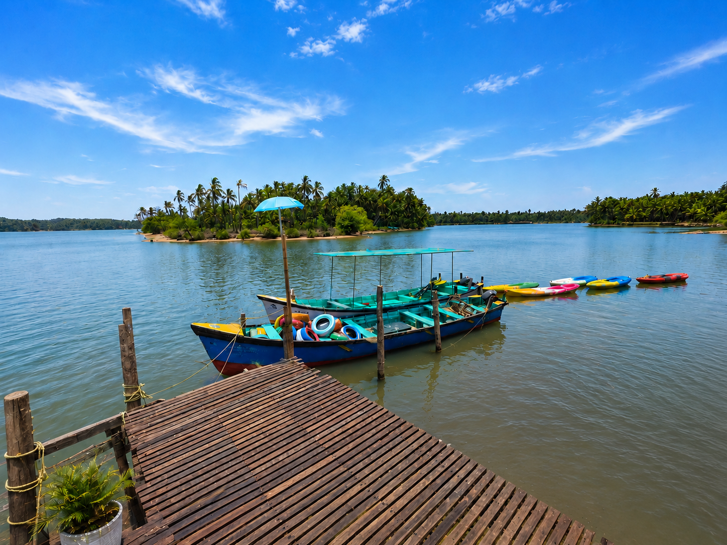Colourful boats at the wooden dock